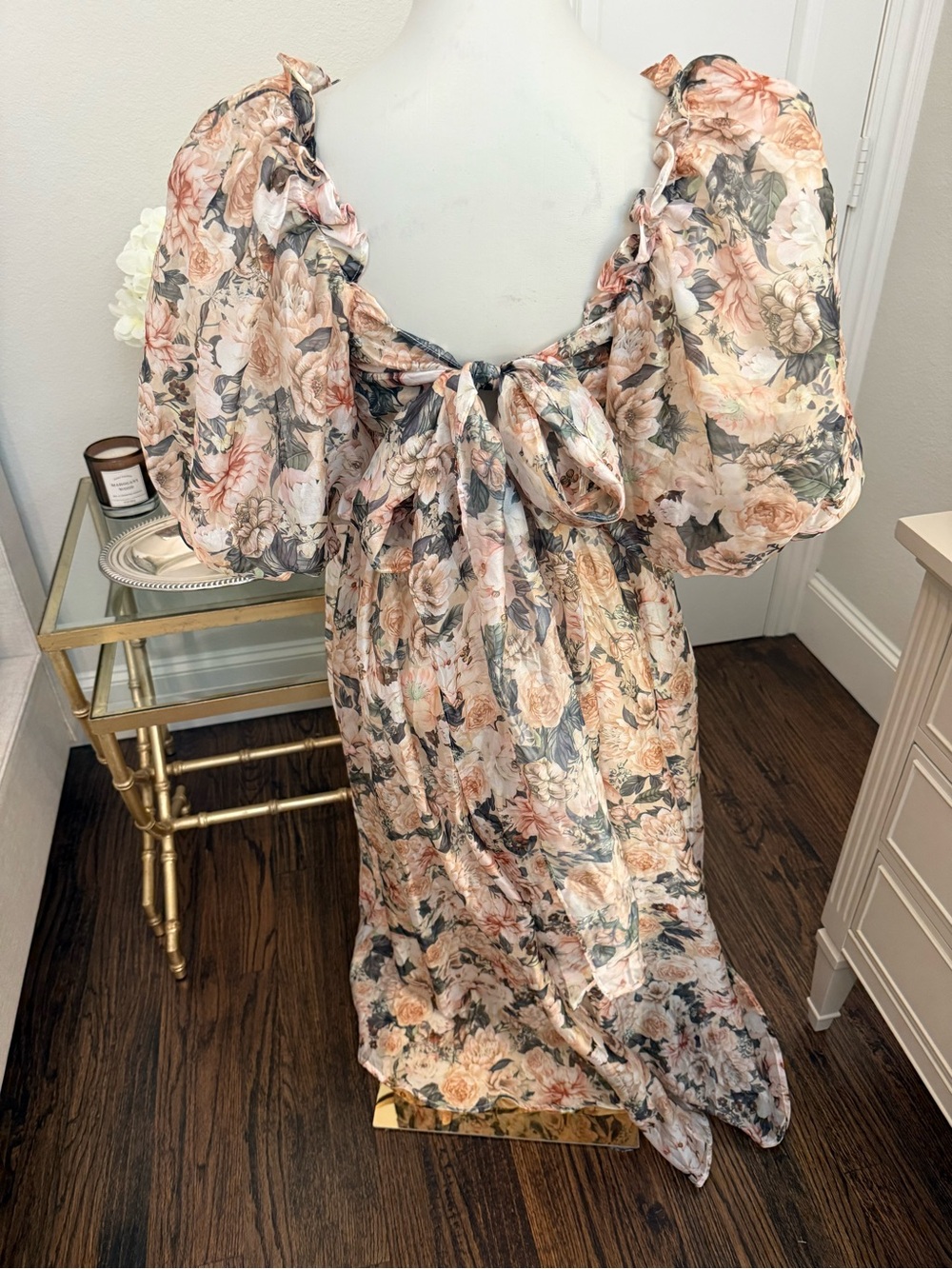 Floral Maxi Dress with Puff Sleeves - Cream & Green - Picture 4 of 8